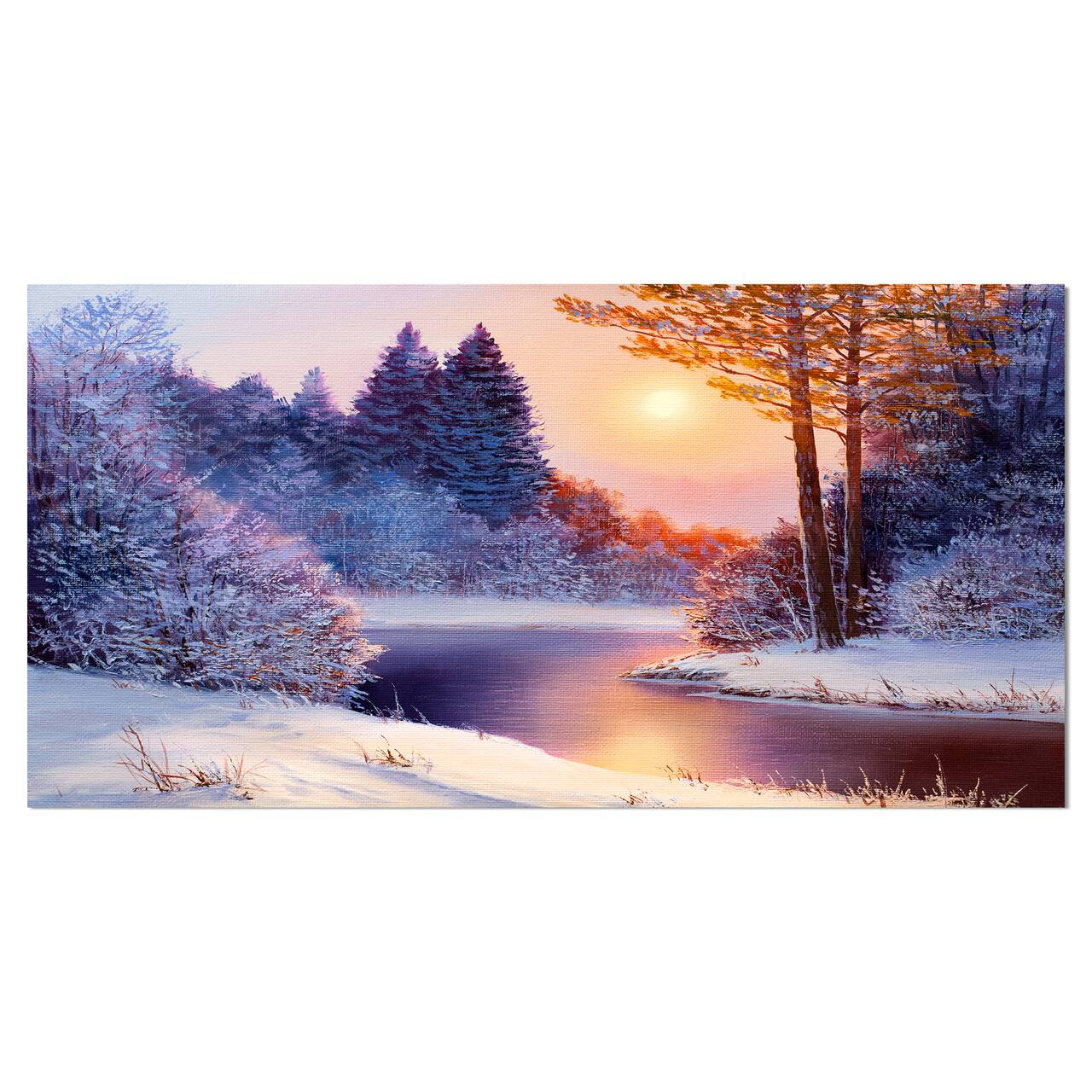 Designart Christmas Forest with River Landscapes Canvas Art